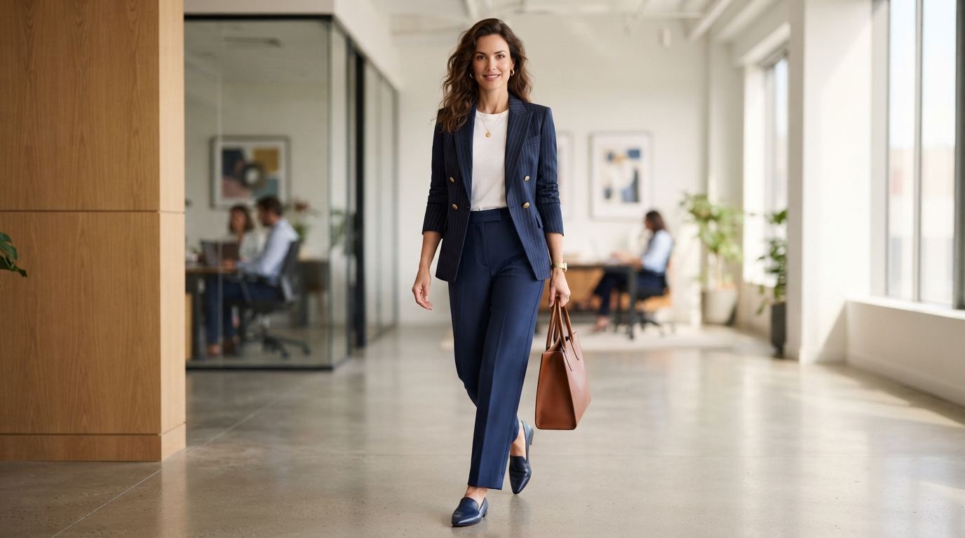 Pinstripe Structured Blazer & Classic White Crew Neck Tee